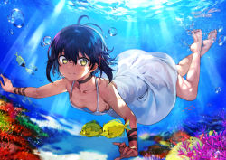 Rule 34 | 1girl, air bubble, antenna hair, bad id, bad pixiv id, bare shoulders, barefoot, breasts, bubble, closed mouth, collar, coral, dark-skinned female, dark skin, day, diving, downblouse, dress, fish, full body, hair ornament, konbu wakame, light rays, looking at viewer, no bra, no panties, original, outdoors, see-through, sleeveless, sleeveless dress, small breasts, smile, solo, sunbeam, sundress, sunlight, underwater, white dress, wristband, x hair ornament