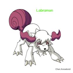 Rule 34 | digimon, digimon (creature), dog, highres, labramon, red eyes, sharp teeth, simple background, tail, teeth, white background