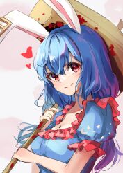 Rule 34 | 1girl, animal ears, blood, bloody weapon, blue dress, blue hair, dress, hammer, heart, holding, holding hammer, huge weapon, long hair, rabbit ears, rabbit girl, red eyes, seiran (touhou), shironeko yuuki, short sleeves, simple background, smile, solo, split mouth, touhou, weapon