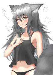 Rule 34 | 1girl, animal ear fluff, animal ears, arknights, bare shoulders, black panties, blush, brown eyes, camisole, closed mouth, collarbone, cowboy shot, gradient background, grey background, grey hair, hand on own chest, highres, large tail, long hair, navel, panties, projekt red (arknights), sleepy, solo, tail, underwear, underwear only, white background, wolf ears, wolf girl, wolf tail