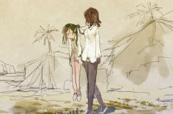 Rule 34 | black hair, brown eyes, carrying, collar grab, commentary, dark skin, desert, faux traditional media, francesca lucchini, kabuyama kaigi, long hair, looking at another, looking down, matilda (world witches series), muted color, palm tree, sandals, short hair, sketch, strike witches, tent, texture, tree, twintails, world witches series