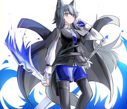 Rule 34 | 1girl, absurdres, animal ear fluff, animal ears, arknights, black jacket, black pantyhose, black vest, blue gloves, blue shorts, breasts, closed mouth, fingerless gloves, gloves, grey hair, hair between eyes, hand up, highres, holding, holding sword, holding weapon, jacket, jacket on shoulders, long sleeves, medium breasts, pantyhose, pantyhose under shorts, puffy long sleeves, puffy sleeves, shirt, shorts, simple background, solo, spam (spamham4506), sword, tail, texas (arknights), texas the omertosa (arknights), vest, weapon, white background, white shirt, yellow eyes