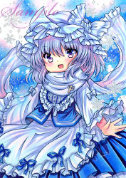 Rule 34 | 1girl, :d, adapted costume, apron, blue background, blue ribbon, blue skirt, blue vest, blush, bow, cowboy shot, frilled apron, frilled bow, frilled scarf, frilled sleeves, frilled vest, frills, hair between eyes, hat, hat bow, letty whiterock, long sleeves, looking at viewer, marker (medium), medium hair, mob cap, open mouth, purple eyes, purple hair, ribbon, rui (sugar3), sample watermark, scarf, silver hair, skirt, skirt set, smile, snowflakes, solo, standing, touhou, traditional media, triangular headpiece, vest, watermark, white apron, white bow, white hat, white scarf