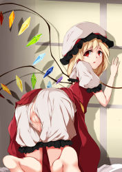 Rule 34 | 1girl, absurdres, against wall, anus, bad id, bad pixiv id, barefoot, bent over, blonde hair, bloomers, crotchless, crotchless bloomers, flandre scarlet, hat, highres, indoors, looking at viewer, mu yan, puffy sleeves, pussy, red eyes, red skirt, skirt, skirt set, solo, tareme, touhou, uncensored, underwear, white hat, wings