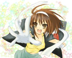 Rule 34 | 00s, 1girl, :d, arm up, armband, armlet, breasts, brown eyes, brown hair, cleavage, collarbone, contemporary, forest, gloves, jacket, jhonwalker, long hair, long sleeves, looking at viewer, nature, open clothes, open jacket, open mouth, shirt, short hair, smile, solo, suzumiya haruhi, suzumiya haruhi no yuuutsu, t-shirt, white gloves