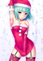 Rule 34 | 10s, 1girl, absurdres, akano murasaki, ange vierge, aqua hair, armpits, bare shoulders, blue eyes, blunt bangs, blush, breasts, character request, christmas, cleavage, clothes pull, dress, eins exaura, elbow gloves, garter straps, gloves, hat, highres, looking at viewer, medium breasts, open mouth, red thighhighs, santa costume, santa dress, santa hat, skirt, skirt pull, sleeveless, solo, standing, strapless, strapless dress, sweat, thighhighs, zettai ryouiki