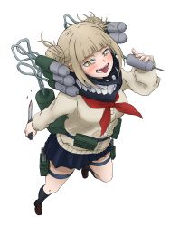 Rule 34 | 1girl, absurdres, belt, blonde hair, blue skirt, blunt bangs, blush, boku no hero academia, cardigan, double bun, fangs, full body, hair bun, highres, holding, holding knife, holding weapon, knife, loafers, open mouth, pleated skirt, scarf, school uniform, serafuku, shoes, sidelocks, simple background, skirt, slit pupils, solo, syringe, tagme, thigh strap, toga himiko, tongue, tongue out, utility belt, weapon, white background, yellow eyes