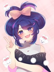 Rule 34 | 1girl, :3, :d, absurdres, alternate hairstyle, bare shoulders, bow, cinnamiku hairstyle, doremy sweet, ear bow, hair bow, head tilt, highres, looking at viewer, off shoulder, open mouth, pink background, pink bow, plaid, plaid background, sakikagami, sanrio, smile, swept bangs, touhou, upper body, v, w