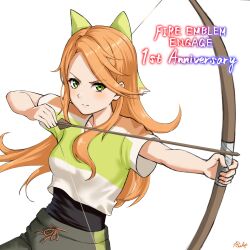 Rule 34 | 1girl, aiming, arrow (projectile), bow, bow (weapon), crop top, etie (fire emblem), fire emblem, fire emblem engage, green bow, green eyes, green shirt, highres, holding, holding bow (weapon), holding weapon, nintendo, orange hair, ricky (haye4843), shirt, solo, swept bangs, training outfit (fire emblem engage), weapon, workout clothes