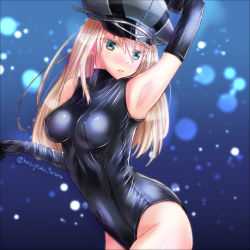Rule 34 | 10s, 1girl, alternate costume, arm at side, arm up, armpits, bismarck (kancolle), blonde hair, blue eyes, breasts, colored eyelashes, detached sleeves, covered erect nipples, female focus, hat, hoshiyuki aruru, kantai collection, large breasts, leotard, long hair, looking at viewer, parted lips, peaked cap, solo