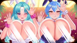 Rule 34 | 2girls, against glass, animal ears, areola slip, blue hair, blush, bow, bowtie, braid, breasts, canal vorfeed, card, cardfight!! vanguard, casino, cleavage, closed mouth, coin, dimension252525, facial mark, forehead mark, gillian chen, gold coin, green hair, highres, huge breasts, leotard, limousine, long hair, looking at viewer, lost universe, makeup, multiple girls, nipples, one eye closed, open mouth, pink bow, pink bowtie, playboy bunny, playing card, purple bow, purple bowtie, purple eyes, rabbit ears, self-upload, shiny skin, tongue, tongue out, twin braids, upper body, very long hair, white leotard, window, wrist cuffs, yellow eyes