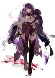 Rule 34 | 1boy, 1girl, absurdres, black thighhighs, blood, blood on face, breasts, carrying, cleavage, clog sandals, flower, genshin impact, hair flower, hair ornament, hairclip, highres, large breasts, long hair, looking at viewer, mother and son, okobo, princess carry, purple eyes, purple hair, raiden shogun, sandals, scaramouche (genshin impact), short hair, simple background, smile, thighhighs, walking, white background, wocalei2, zouri