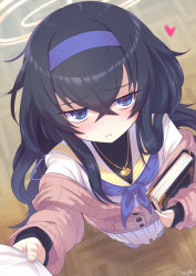 Rule 34 | :&lt;, black hair, blue archive, blue eyes, blush, book, commentary request, floor, hair between eyes, halo, headband, jewelry, krono tokage, necklace, pov, school uniform, signature, sweater, tucking, ui (blue archive)