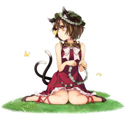 Rule 34 | 1girl, adapted costume, animal ears, ankle ribbon, bare arms, bare shoulders, blush, bow, bowtie, brown hair, bug, butterfly, cat ears, chen, common brimstone, dress, earrings, faux figurine, flower wreath, full body, green hat, hat, head wreath, insect, jewelry, knees together feet apart, leg ribbon, looking to the side, multiple tails, nekomata, no socks, orange eyes, pink bow, pink bowtie, red ribbon, ribbon, short hair, sitting, sleeveless, sleeveless dress, solo, tail, touhou, two tails, uruu gekka, wariza