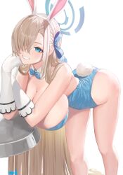 Rule 34 | 1girl, animal ears, ass, asuna (blue archive), asuna (bunny) (blue archive), asurada yui, bare shoulders, blue archive, blue eyes, blue leotard, blue ribbon, blush, breasts, cleavage, detached collar, elbow gloves, fake animal ears, gloves, grin, hair over one eye, hair ribbon, halo, highleg, highleg leotard, highres, large breasts, leaning forward, leotard, light brown hair, long hair, looking at viewer, mole, mole on breast, playboy bunny, rabbit ears, rabbit tail, ribbon, smile, solo, stool, tail, thighs, very long hair, white gloves