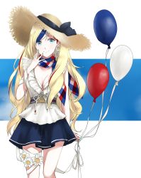 Rule 34 | 10s, 1girl, balloon, belt, blonde hair, blue eyes, blue nails, bra, breasts, closed mouth, collarbone, commandant teste (kancolle), earrings, finger to mouth, grey belt, hat, jewelry, kantai collection, long hair, looking at viewer, medium breasts, morinaga miki, multicolored clothes, multicolored hair, multicolored scarf, nail polish, pleated skirt, scarf, skirt, sky, smile, solo, sun hat, thigh strap, underwear, white background, white bra