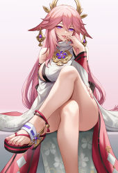 Rule 34 | 1girl, animal ears, anklet, braid, braided ponytail, breasts, duplicate, feet, finger to mouth, fox ears, genshin impact, geta, hair ornament, hand on own hip, highres, japanese clothes, jewelry, kacyu, kitsune, large breasts, legs, crossed legs, long hair, looking at viewer, miko, nail polish, naughty face, no bra, pink hair, pixel-perfect duplicate, platform clogs, purple eyes, sandals, sideboob, solo, thick thighs, thighs, toenail polish, toenails, toes, tongue, tongue out, wide sleeves, yae miko