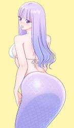 Rule 34 | 1girl, absurdres, ass, backboob, bikini, bikini top only, breasts, commentary request, from behind, highres, kiria021, looking back, medium breasts, mermaid, monster girl, original, scales, simple background, solo, swimsuit, white bikini, yellow background