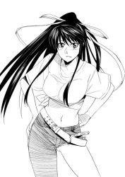 Rule 34 | 1girl, belt, black eyes, black hair, breasts, denim, hair ornament, hands on own hips, jeans, kanzaki kaori, large breasts, legs, long hair, looking at viewer, midriff, monochrome, navel, pants, ponytail, simple background, smile, standing, tagme, thighs, toaru majutsu no index, white background