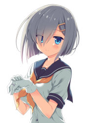 Rule 34 | 10s, 1girl, blush, breasts, buttons, closed mouth, collarbone, colored eyelashes, gloves, hair ornament, hair over one eye, hairclip, hamakaze (kancolle), jewelry, kantai collection, looking at viewer, medium breasts, neckerchief, odawara hakone, own hands together, ring, sailor collar, school uniform, serafuku, short hair, short sleeves, simple background, sleeve cuffs, smile, solo, tareme, upper body, w arms, wedding band, white background, white gloves, yellow neckerchief