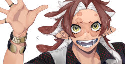 Rule 34 | 1boy, bangle, black shirt, bracelet, brown hair, collared shirt, colored inner hair, commentary request, ear piercing, fangs, hand up, highres, jewelry, long hair, looking at viewer, male focus, multicolored hair, multiple rings, open mouth, original, piercing, pointy ears, ring, shirt, simple background, solo, tentacle hair, upper body, watch, white background, white hair, wristwatch, yellow eyes, zzb azz