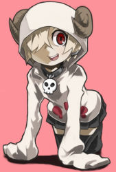 Rule 34 | 10s, 1girl, :d, all fours, animal hood, ayame hashinimasen, black thighhighs, blonde hair, blood, blood stain, ear piercing, hair over one eye, hands in opposite sleeves, hood, hoodie, horns, idolmaster, idolmaster cinderella girls, jewelry, long sleeves, looking at viewer, necklace, open mouth, piercing, pink background, pleated skirt, red eyes, sheep horns, shirasaka koume, short hair, simple background, skirt, skull necklace, smile, solo, thighhighs