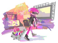 Rule 34 | 1girl, alternate costume, ankle boots, backpack, bag, beanie, black hair, boots, callie (splatoon), creatures (company), fangs, french flag, game freak, hat, highres, inkling, monitor, nintendo, official art, pantyhose, pointy ears, pokemon, rolling suitcase, shirt, shorts, smile, splatoon (series), splatoon 1, sticker, stuffed toy, suitcase, sunset, t-shirt, tentacle hair, transformers, walking, zapfish