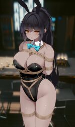 Rule 34 | 1girl, absurdres, animal ears, aqua bow, aqua bowtie, arms behind back, awaji, bdsm, black hair, black leotard, blue archive, blurry, blurry background, bondage, bound, bound arms, bow, bowtie, breasts, crotch rope, dark-skinned female, dark skin, detached collar, fake animal ears, highres, indoors, karin (blue archive), karin (bunny) (blue archive), large breasts, latex, latex leotard, leotard, looking at viewer, official alternate costume, orange eyes, playboy bunny, rabbit ears, shibari, shibari over clothes, solo, strapless, strapless leotard