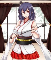 Rule 34 | 10s, 1girl, bare shoulders, bespectacled, black hair, breasts, commentary request, curtains, detached sleeves, floral print, glasses, hair ornament, headgear, japanese clothes, kantai collection, kuon (nokokopopo), large breasts, nontraditional miko, pleated skirt, red eyes, red skirt, riding crop, semi-rimless eyewear, short hair, skirt, smile, solo, v-shaped eyebrows, wide sleeves, window, yamashiro (kancolle)