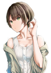 Rule 34 | 1girl, blouse, brown hair, commentary request, ear piercing, green eyes, hair between eyes, highres, looking to the side, off-shoulder jacket, off shoulder, original, piercing, shirt, short hair, simple background, solo, striped clothes, striped shirt, tagme, tank top, upper body, white background, yammy