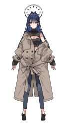 Rule 34 | 1girl, animal ears, bare shoulders, blue eyes, blue hair, cleavage cutout, clipe, clothing cutout, coat, crop top, headgear, highres, hololive, hololive english, long hair, looking at viewer, navel, off shoulder, ouro kronii, solo, trench coat, turtleneck, virtual youtuber