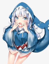 Rule 34 | 1girl, absurdres, animal hood, blue eyes, blue hair, blue hoodie, commentary, drawstring, fins, fish tail, gawr gura, gawr gura (1st costume), grey background, hands up, highres, hololive, hololive english, hood, hood up, hoodie, long hair, long sleeves, looking at viewer, multicolored hair, open mouth, shark hood, shark tail, sharp teeth, silver (chenwen), silver hair, simple background, solo, streaked hair, tail, teeth, virtual youtuber, wide sleeves