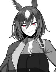 Rule 34 | 1girl, absurdres, animal ears, breasts, cleavage, closed mouth, collarbone, commentary request, ear ornament, greyscale, highres, horse ears, horse girl, large breasts, long hair, long sleeves, megao 3rd, monochrome, multicolored hair, pendant choker, red eyes, simple background, sirius symboli (umamusume), smile, solo, spot color, streaked hair, umamusume, upper body, white background