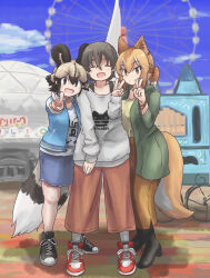 Rule 34 | 1boy, 2girls, african wild dog (kemono friends), alternate costume, animal ears, arm up, black hair, blue sky, boots, brown eyes, brown hair, captain (kemono friends), casual, closed eyes, closed mouth, day, dingo (kemono friends), dog ears, dog girl, dog tail, extra ears, facing viewer, ferris wheel, hair between eyes, hand up, hane (kirschbaum), height difference, highres, jacket, kemono friends, kemono friends 3, legs apart, light brown hair, long hair, long skirt, long sleeves, looking at viewer, miniskirt, multicolored hair, multiple girls, open clothes, open jacket, open mouth, outdoors, outstretched arm, pants, parted bangs, ponytail, shirt, shoes, short hair, side-by-side, sidelocks, skirt, sky, sleeves past wrists, smile, standing, sweater, tail, tsurime, v, white hair
