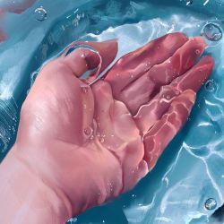 Rule 34 | 1other, bubble, caustics, commentary request, hand focus, open hand, original, partially submerged, photorealistic, realistic, solo, sunlight, water, yasuta kaii32i