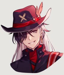 Rule 34 | 1boy, black eyes, black hat, black jacket, boothill (honkai: star rail), bullet earrings, commentary request, cowboy hat, cropped shoulders, crosshair pupils, grin, hair over one eye, hat, hat feather, highres, honkai: star rail, honkai (series), jacket, long hair, looking at viewer, male focus, mole, mole under eye, multicolored hair, multiple moles, pochimaru (marumaru wanwan), red pupils, red shirt, sharp teeth, shirt, simple background, smile, solo, teeth, white background, white hair