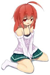 Rule 34 | 1girl, ahoge, animal ears, bare shoulders, blush, rabbit ears, camisole, d:, ears down, fang, flat chest, highres, hinoko (sawati), looking at viewer, miniskirt, open mouth, original, petite, red eyes, red hair, ribbed sweater, sawati, short hair, sitting, skirt, socks, solo, sweater, wariza