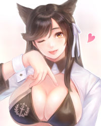 Rule 34 | 1girl, ;p, absurdres, animal ears, atago (azur lane), azur lane, bikini, black bikini, black hair, blush, breasts, commentary request, hair ribbon, heart, highres, himamo, large breasts, long hair, looking at viewer, mole, mole under eye, one eye closed, ribbon, solo, swimsuit, tongue, tongue out, upper body, white hair, yellow eyes
