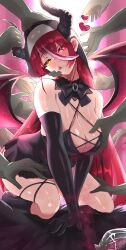 Rule 34 | 1girl, absurdres, black dress, black gloves, blush, breasts, cleavage, demon girl, demon horns, demon wings, dress, elbow gloves, gloves, grabbing, grabbing another&#039;s breast, habit, heart, heart-shaped pupils, heterochromia, highres, hololive, horns, houshou marine, large breasts, long hair, looking at viewer, meshiiro (rome sy), red eyes, red hair, symbol-shaped pupils, tongue, virtual youtuber, wings, yellow eyes