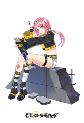 Rule 34 | 1girl, bandaid, belt, black footwear, black gloves, blue eyes, boots, bruise, closers, crop top, cutoffs, fingerless gloves, frown, gloves, hairband, highres, injury, long hair, long sleeves, looking at viewer, low ponytail, midriff, navel, official art, pink hair, seulbi lee, shirt, short shorts, shorts, sitting, skateboard, socks, solo, squiggle, stomach, thigh strap, thighs, two-tone shirt, white shorts, wide sleeves