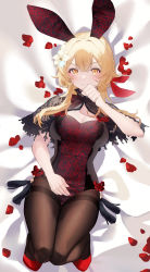 Rule 34 | :|, absurdres, animal ears, bad id, bad pixiv id, black bodysuit, black pantyhose, blonde hair, bodysuit, bow, bowtie, brown eyes, closed mouth, covering own mouth, crossed bangs, duplicate, flower, genshin impact, hair flower, hair ornament, hand on own stomach, hand over own mouth, highres, long hair, looking at viewer, lumine (genshin impact), lying, on back, on bed, pantyhose, patterned clothing, petals, pixel-perfect duplicate, rabbit ears, red bow, red footwear, short hair with long locks, shotgunman, sidelocks, solo, thighband pantyhose, white flower