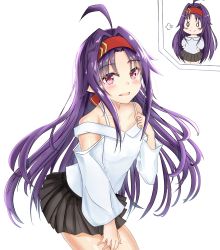 Rule 34 | 1girl, ahoge, bare shoulders, black skirt, blush, collarbone, commentary request, flat chest, hairband, highres, long hair, long sleeves, looking at viewer, multiple views, open mouth, pink eyes, pleated skirt, purple hair, red eyes, red hairband, shirt, sidelocks, simple background, skirt, sugi-shi (user mwkp7542), sword art online, white background, white shirt, yuuki (sao)