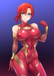 Rule 34 | &gt;:), 1girl, alternate costume, asymmetrical bangs, baron (nsbaron), blue eyes, blush, bodysuit, boudica (fate), breasts, clenched hand, closed mouth, covered erect nipples, covered navel, cowboy shot, fate/grand order, fate (series), gloves, gradient background, highres, impossible clothes, impossible leotard, large breasts, leotard, multicolored background, narrow waist, red bodysuit, red gloves, red hair, short hair, short ponytail, skin tight, smile, solo, taimanin (series), taimanin suit