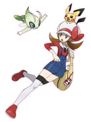 Rule 34 | 1girl, :o, blue overalls, bow, brown eyes, brown hair, cabbie hat, celebi, commentary, creatures (company), fujihana (mugenpixel), game freak, gen 2 pokemon, hat, hat bow, holding strap, knees, leg up, legendary pokemon, long hair, looking to the side, lyra (pokemon), mythical pokemon, nintendo, official style, open mouth, overalls, pichu, pokegear, pokemon, pokemon (creature), pokemon hgss, red bow, red footwear, red shirt, shirt, shoes, symbol-only commentary, thighhighs, twintails, white headwear, white thighhighs, yellow bag