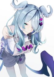Rule 34 | 1girl, blue eyes, breasts, elira pendora, elira pendora (1st costume), grey overalls, hair over one eye, head wings, large breasts, leaning forward, low wings, nijisanji, nijisanji en, overall shorts, overalls, periperi 8, purple eyes, smile, solo, sweater, virtual youtuber, white background, white sweater, wings