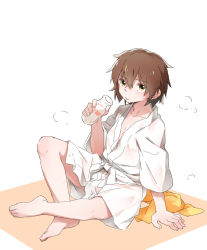 Rule 34 | aka ookami, arm support, barefoot, blush, bottle, brown eyes, brown hair, check commentary, closed mouth, commentary, commentary request, drinking, highres, hiryuu (kancolle), indian style, japanese clothes, kantai collection, kimono, looking at viewer, messy hair, milk, milk bottle, no bra, short hair, simple background, sitting, solo, steam, sweat, white theme, yukata