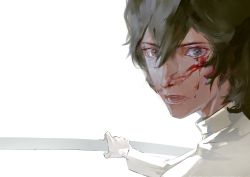 Rule 34 | 1boy, absurdres, arjuna (fate), black hair, blood, blood on face, commentary, dark-skinned male, dark skin, fate/grand order, fate (series), gloves, hair between eyes, highres, holding, male focus, open mouth, short hair, siyemmm, solo, white gloves