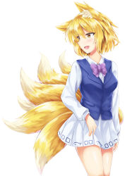Rule 34 | 1girl, :d, absurdres, adapted costume, akiteru (akiteru98), alternate costume, animal ear fluff, animal ears, blonde hair, blush, bow, bowtie, breasts, commentary, contemporary, cowboy shot, fox ears, fox tail, hair between eyes, highres, long sleeves, looking to the side, medium breasts, miniskirt, multiple tails, no headwear, open mouth, purple bow, purple bowtie, shiny skin, shirt, simple background, skirt, smile, solo, standing, tail, thighs, touhou, white background, white shirt, white skirt, wing collar, yakumo ran, yellow eyes