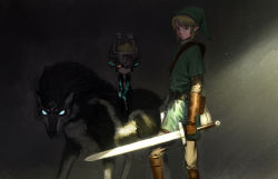 Rule 34 | 1boy, 1girl, animal, blonde hair, boots, brown gloves, dual persona, facial mark, forehead mark, gloves, glowing, glowing eyes, glowing tattoo, hat, highres, holding, holding sword, holding weapon, light particles, link, looking at viewer, mask, midna, monster girl, nintendo, pointy ears, riding, serious, shade, shield, smile, sword, tattoo, the legend of zelda, the legend of zelda: twilight princess, wasabi60, weapon, wolf, wolf link