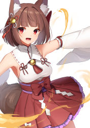 Rule 34 | 1girl, :d, akagi kurage, animal ear fluff, animal ears, bell, blunt bangs, bow, breasts, brown hair, character request, copyright request, fire, fox ears, fox girl, fox tail, hair bell, hair ornament, highres, jingle bell, long sleeves, looking at viewer, medium breasts, nontraditional miko, open mouth, outstretched arms, petticoat, pleated skirt, red bow, red eyes, red skirt, ribbon trim, sash, shirt, short hair, skirt, sleeveless, sleeveless shirt, smile, solo, tail, white shirt, wide sleeves